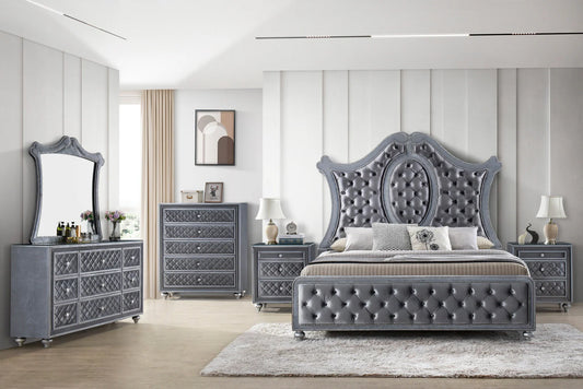 5pcs Cameo Grey Velvet Bedroom Set