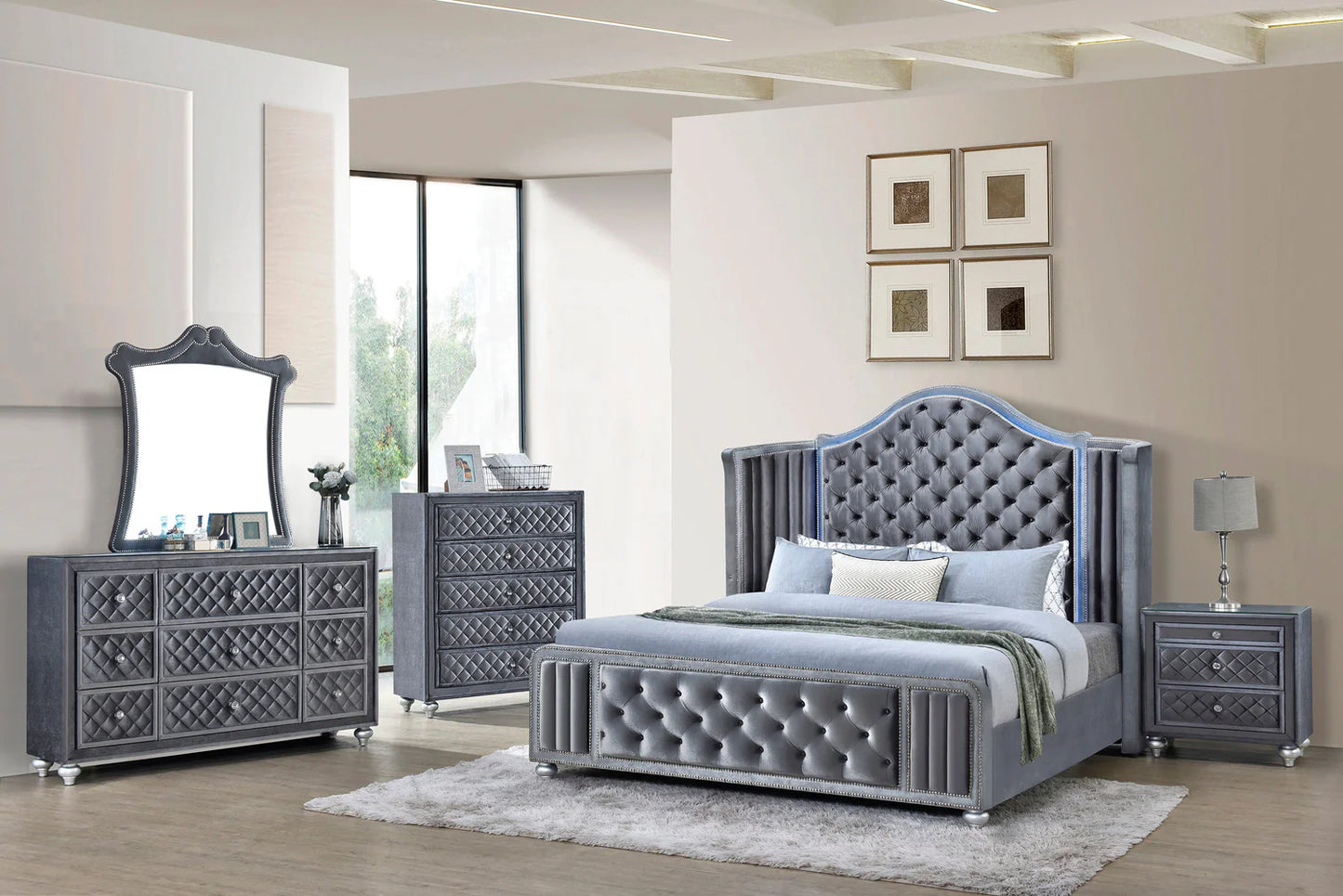 5pcs Cameo Grey Velvet Bedroom Set