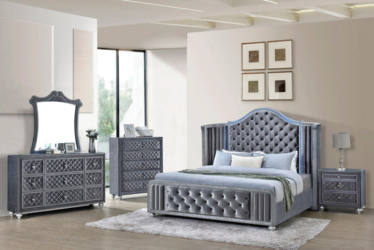 5pcs Cameo Grey Velvet Bedroom Set