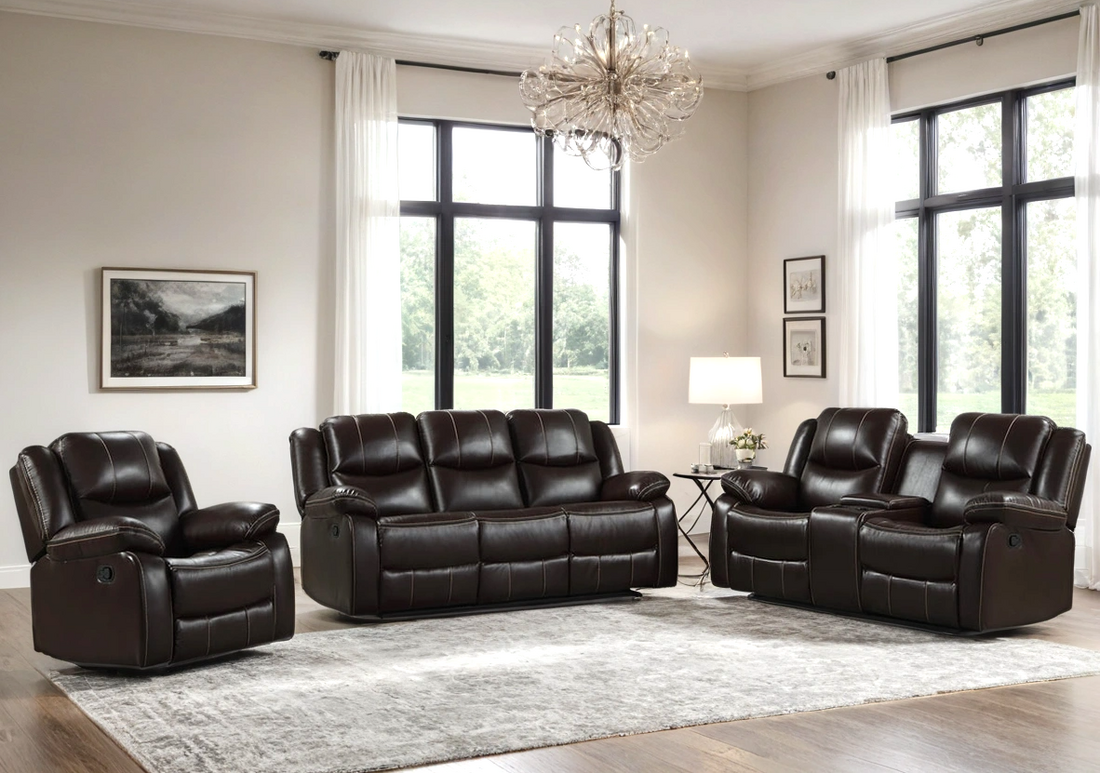 3pcs Carter Brown Espresso Leather Gel Reclining Sofa Set