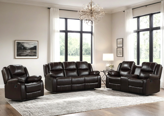 3pcs Carter Brown Espresso Leather Gel Reclining Sofa Set