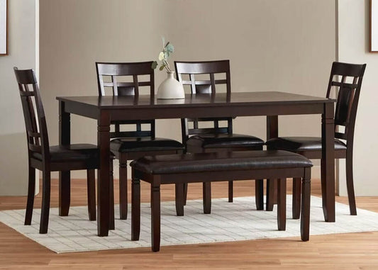 6pcs D1015 Cappuccino Wood Finish Dining Table & Bench Set