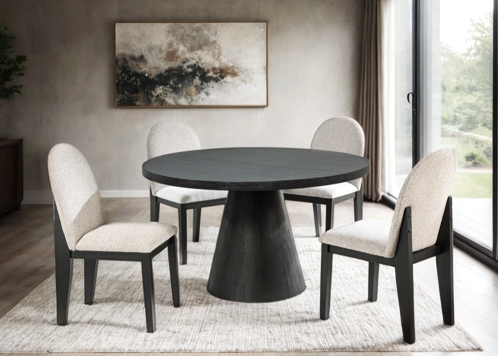 5pcs D500 Black Wood & Gray Fabric Dining Set