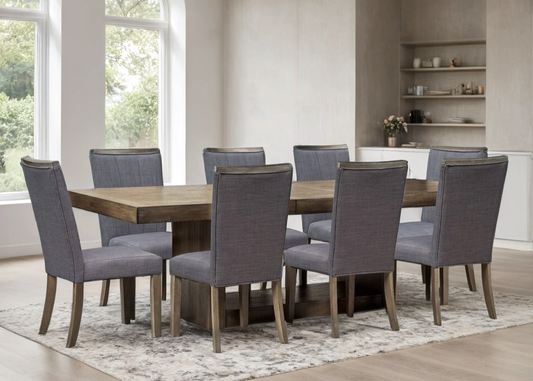 9pcs D901 Wood Finish & Charcoal Fabric Chairs Dining Set