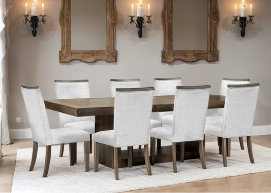 9pcs D901 Wood Finish & Sand Fabric Chairs Dining Set