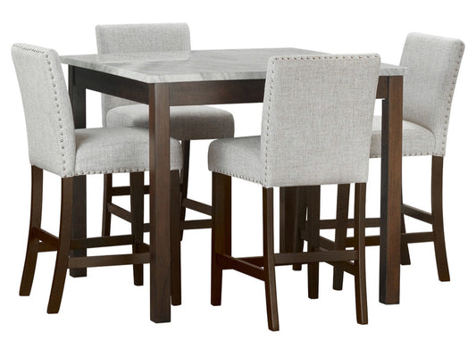 5pcs Dior10 Grey Linen Chairs & Marble Top Pub Dining Set
