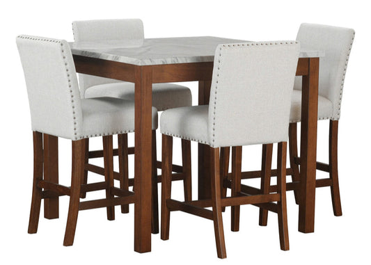 5pcs Dior11 Grey Linen Chairs & Marble Top Pub Dining Set