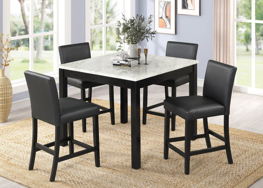 5pcs Dior Black PU Leather Chairs & Marble Top Pub Dining Set