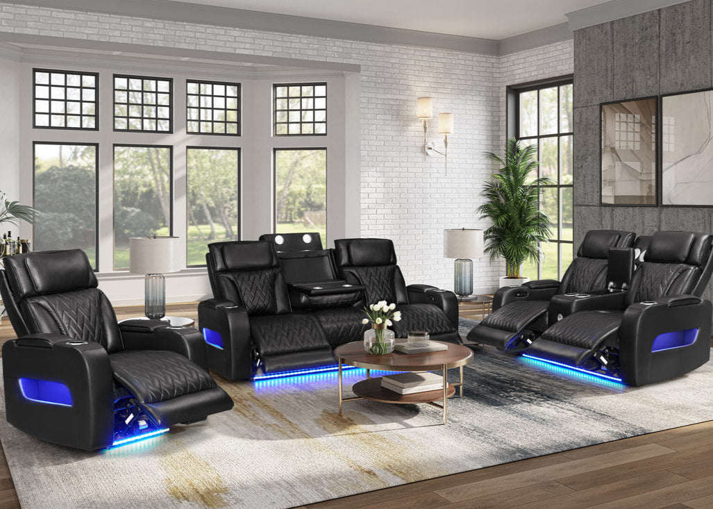 3pcs Dubai Black Leather Power Reclining Sofa Set