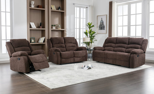 3pcs Dynamo Chocolate Fabric Reclining Sofa Set