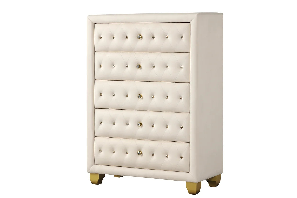 5pcs Cream Diamond Velvet Bedroom Set