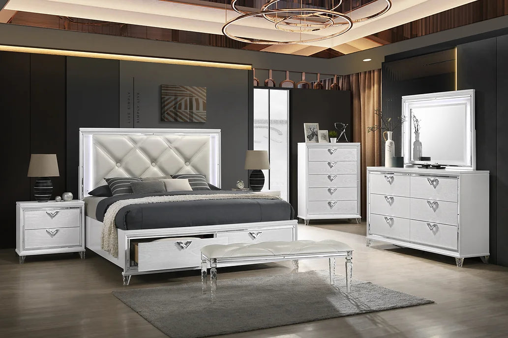 5pcs White Wood Finish LED Bedroom Set