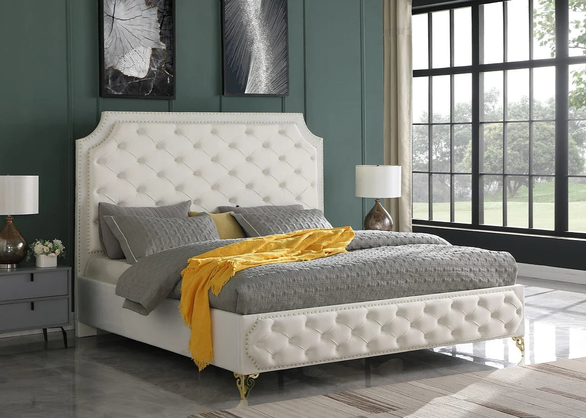 Leilah Cream Velvet Tufted Platform Bed Frame