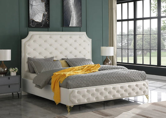 Leilah Cream Velvet Tufted Platform Bed Frame