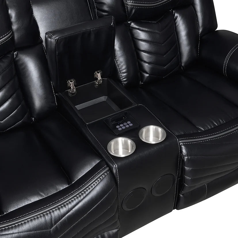3pcs Lucky Charm Black Leather Speaker LED Reclining Sofa Set