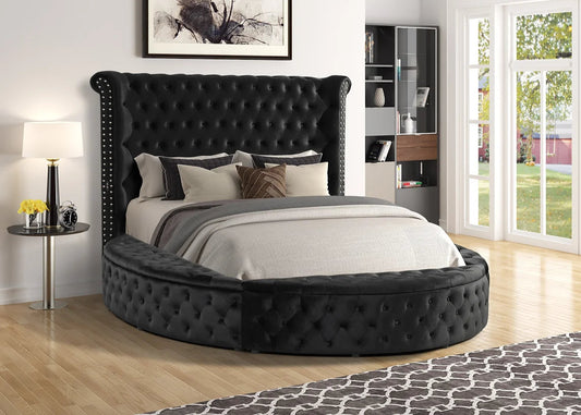 Lux II Black Velvet Tufted Round Storage Platform Bed Frame