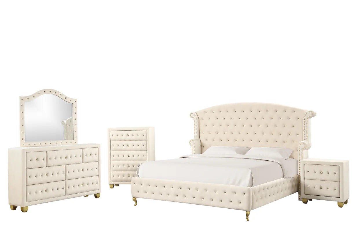 5pcs Cream Diamond Velvet Bedroom Set