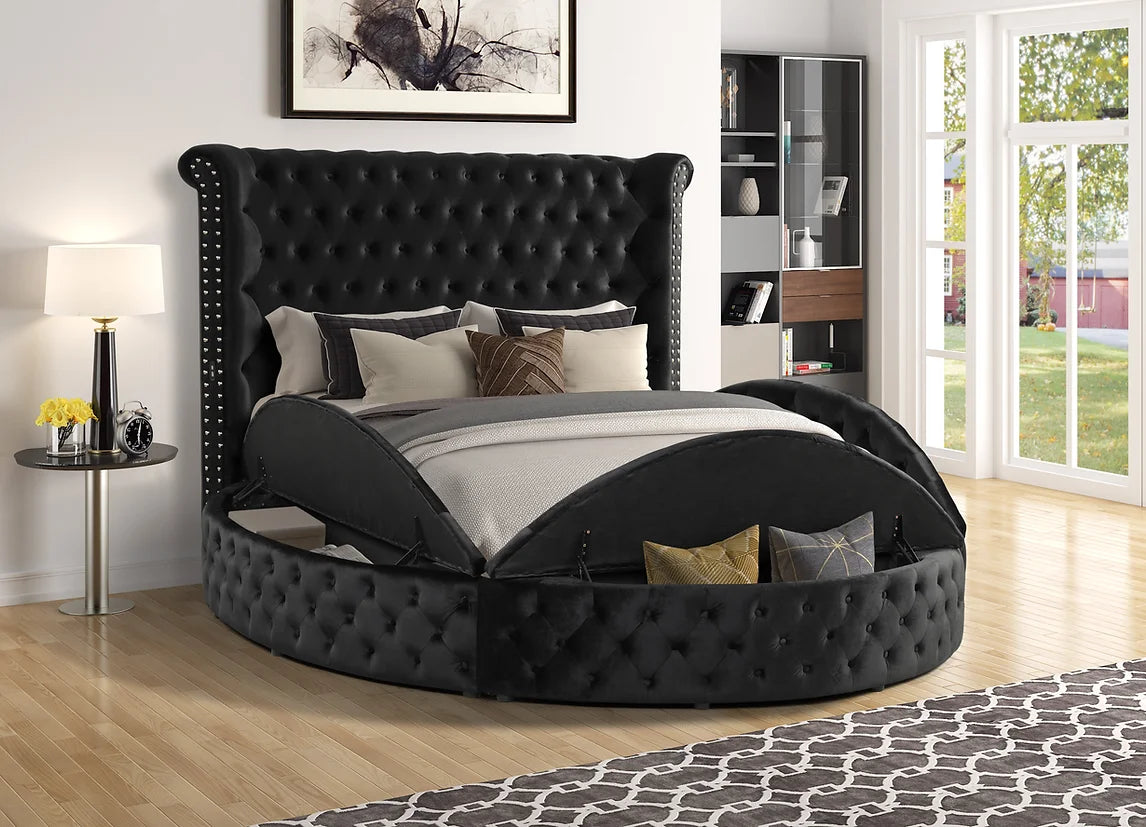 Lux II Black Velvet Tufted Round Storage Platform Bed Frame