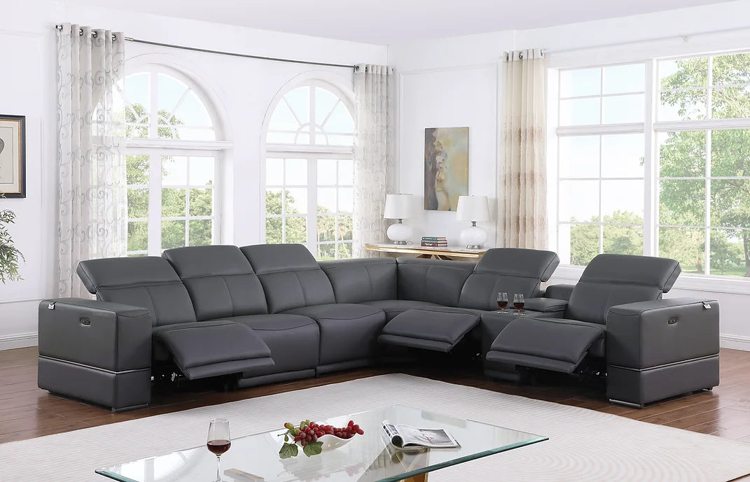7pcs Dark Grey Franco Leather Power Sectional