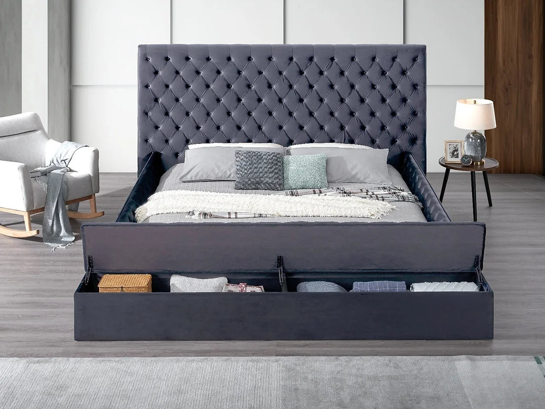 Catalina Grey Velvet Storage Platform Bed Frame