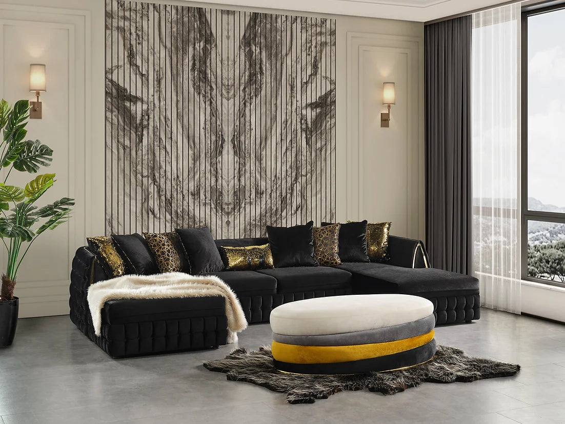 Sicilya Black Velvet Oversized Double Chaise Sectional