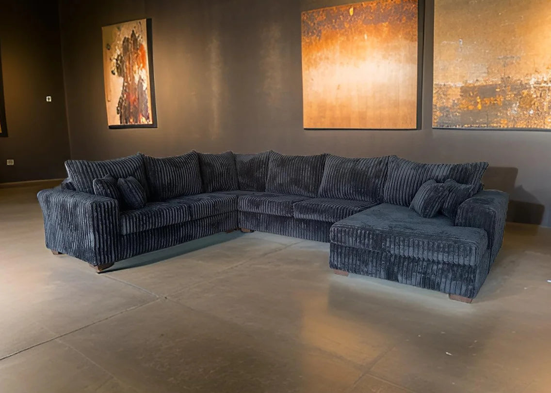 S320 Texan Black Thick Corduroy Sectional & Ottoman