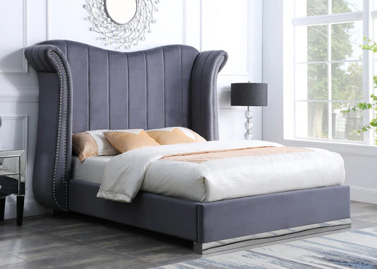 Luna Grey Velvet Metal Trim Platform Bed Frame