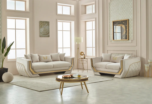 Premium Velvet Beige and Gold Sofa & Loveseat Set