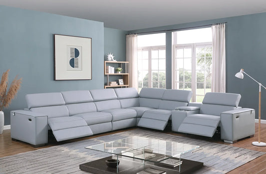 Light Blue Leather 3 Power Reclining Sectional