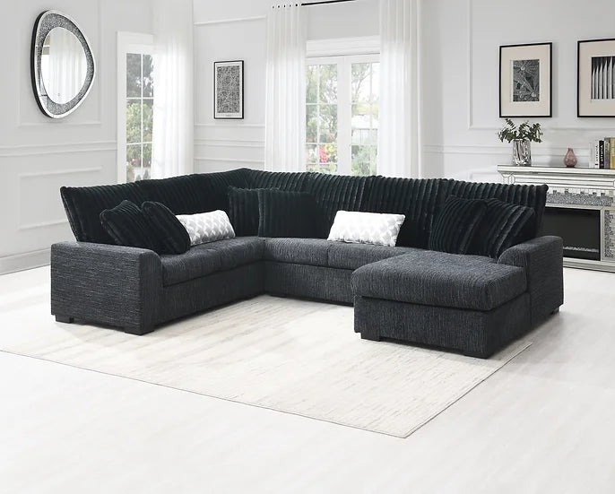 S1801 Brady Black Fabric Sectional & Ottoman