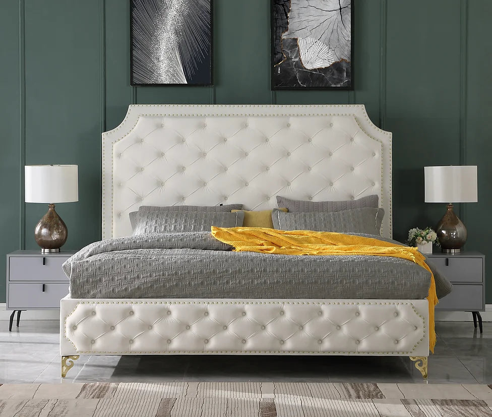Leilah Cream Velvet Tufted Platform Bed Frame