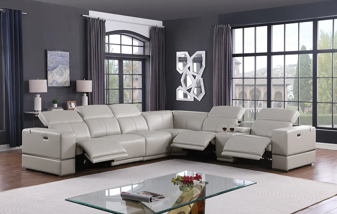 7pcs Franco Light Grey Leather Power Sectional