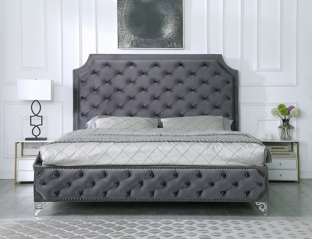 Leilah Grey Velvet Tufted Platform Bed Frame