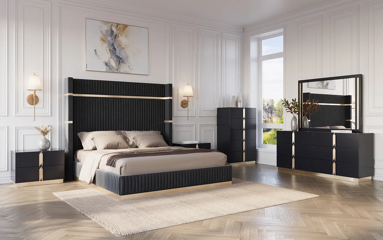 5pcs B7550 Evon Black Velvet Bedroom Set