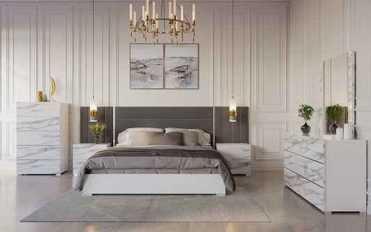 5pcs Nina White Marble & Velvet Italian Bedroom Set
