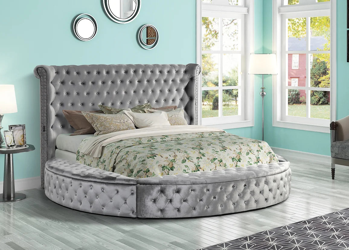 Lux II Grey Velvet Tufted Round Storage Platform Bed Frame