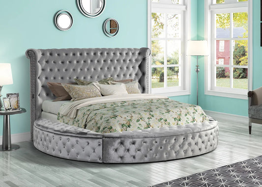 Lux II Grey Velvet Tufted Round Storage Platform Bed Frame