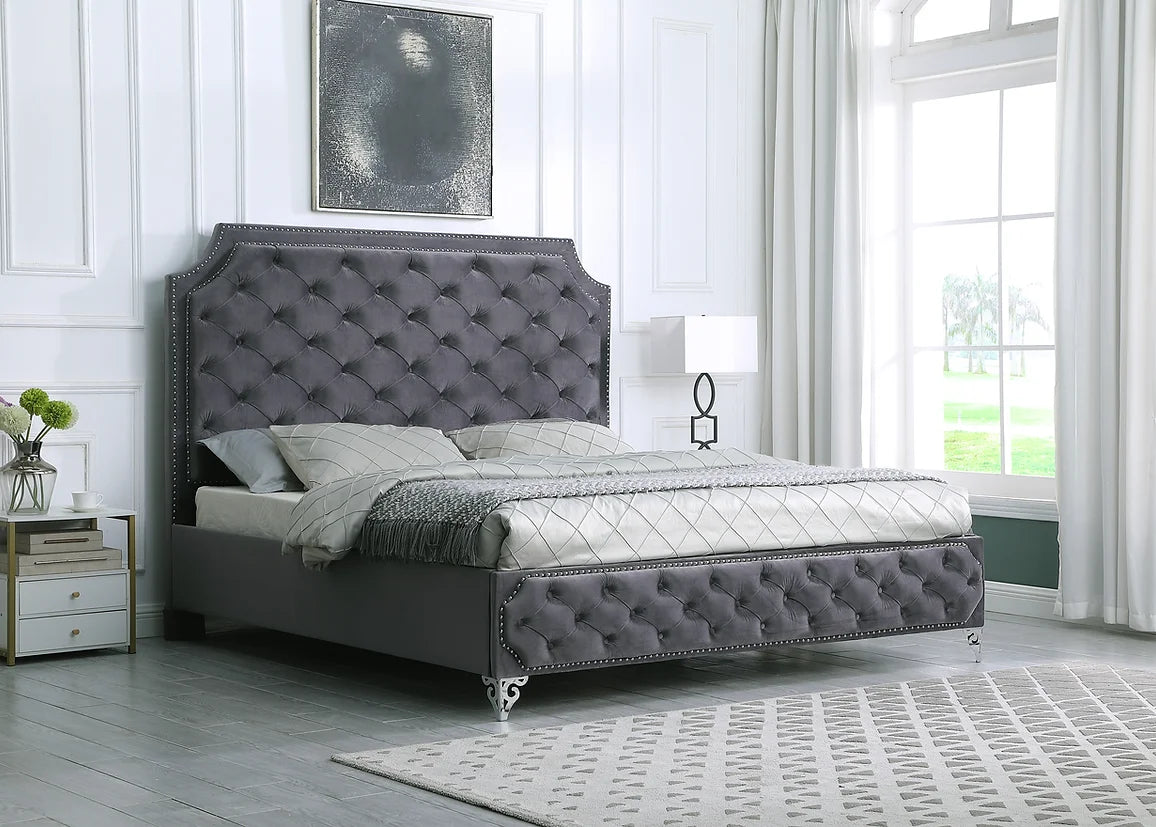 Leilah Grey Velvet Tufted Platform Bed Frame