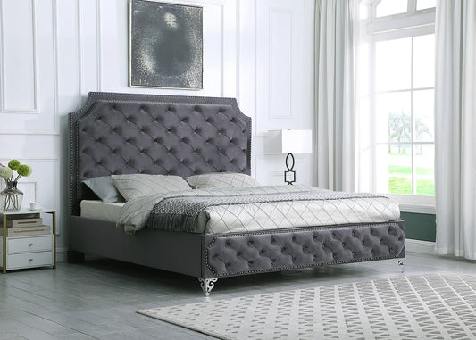 Leilah Grey Velvet Tufted Platform Bed Frame