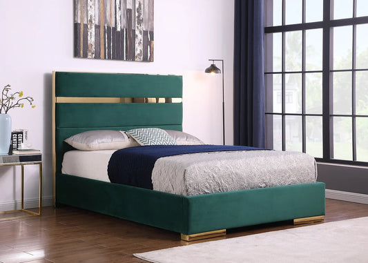 Cartier Green & Gold Velvet Platform Bed Frame