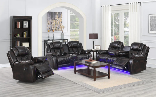 3pcs Lucky Charm Brown Leather Speaker LED Reclining Sofa Set