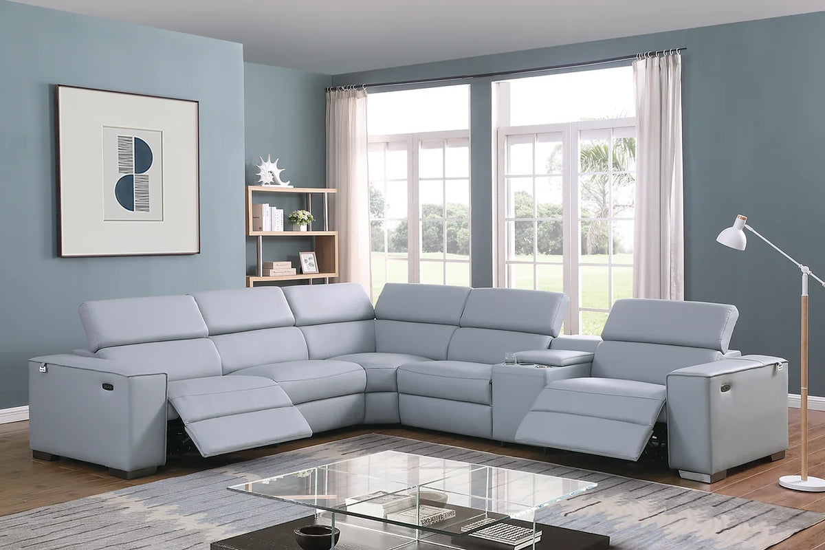 Light Blue Leather 2 Power Reclining Sectional