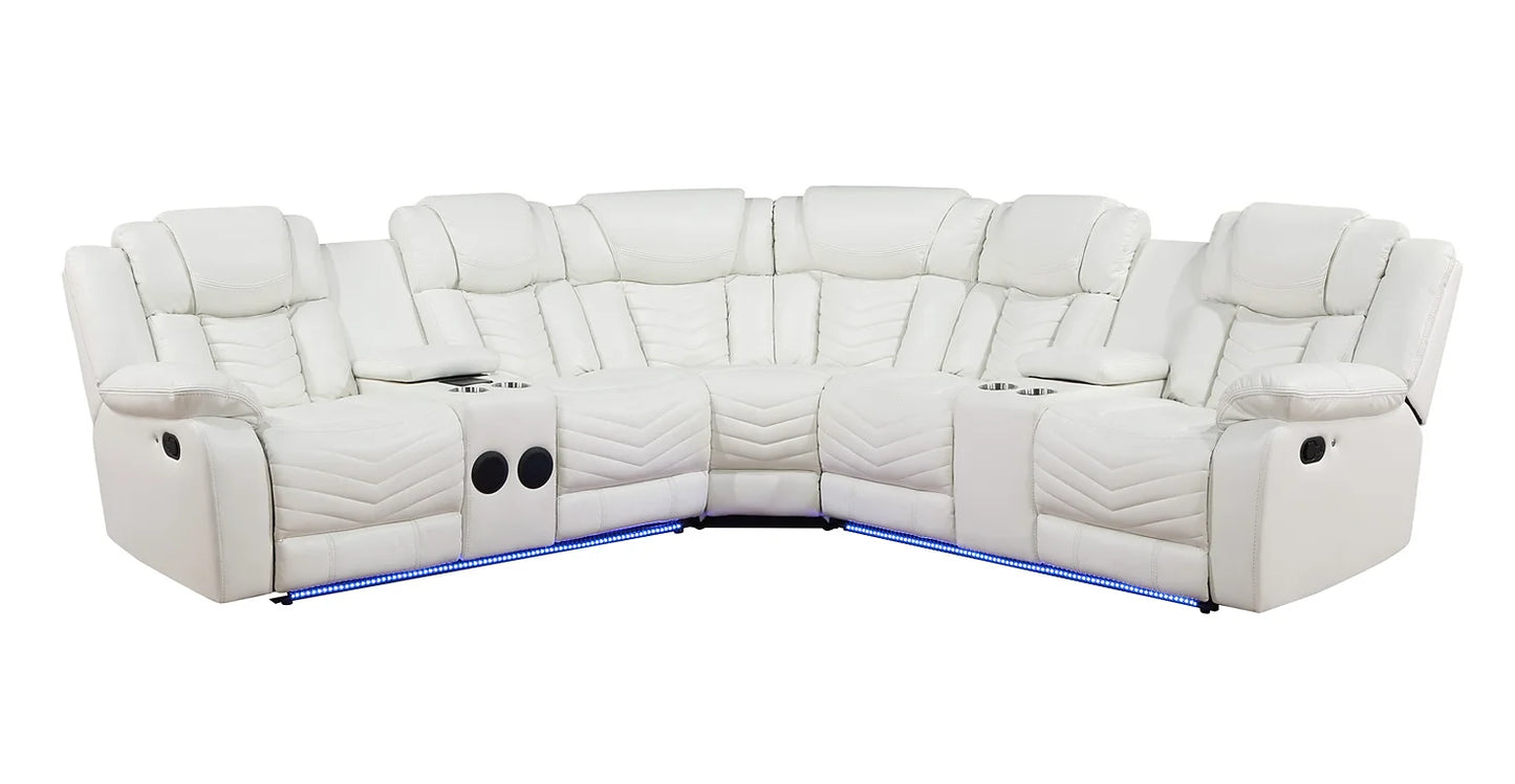 Lucky Charm White Leather LED Reclining Sectional