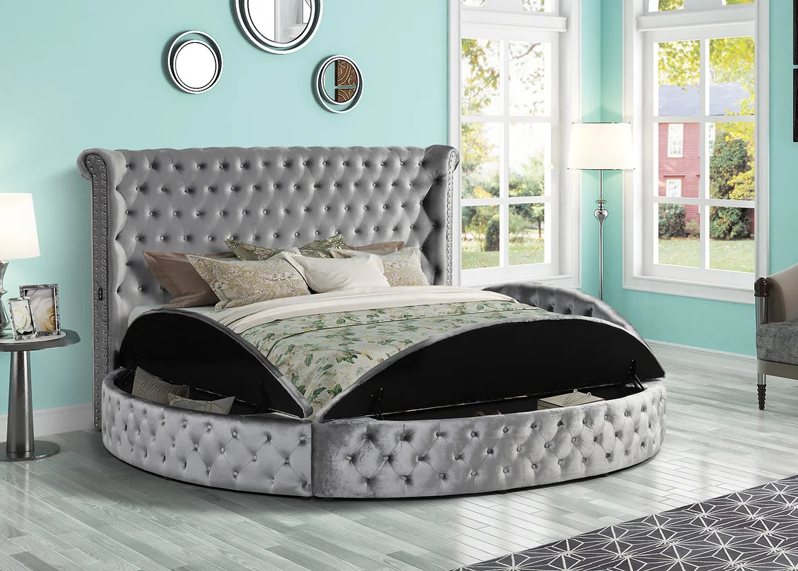 Lux II Grey Velvet Tufted Round Storage Platform Bed Frame