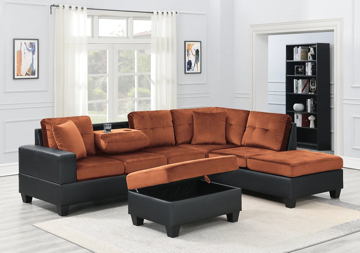 Grand Parkway Light Brown Velvet Sectional & Storage Ottoman