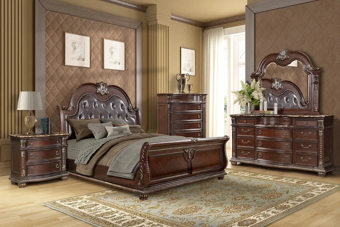 5pcs Stanley Cherry Brown Wood & Marble Bedroom Set