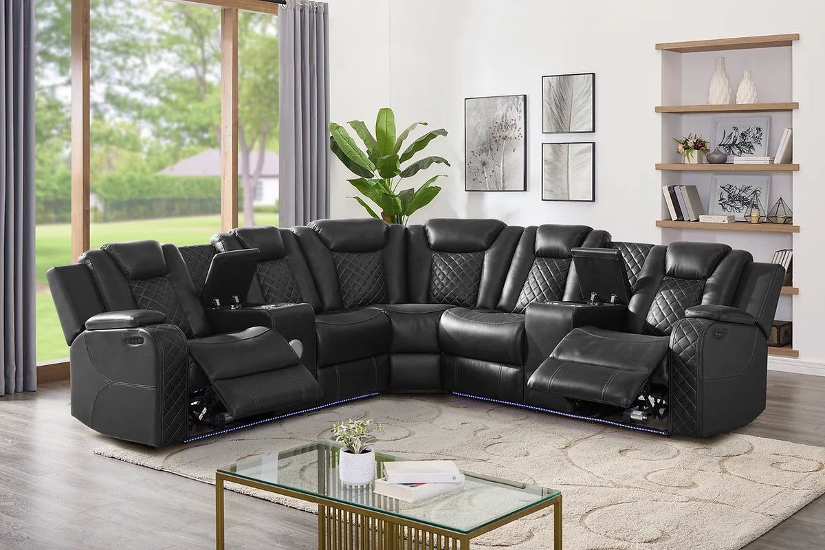Eclipse Black Leather Power Reclining Sectional