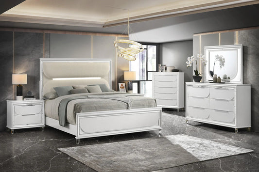 5pcs Eden White Wood & Boucle LED Bedroom Set