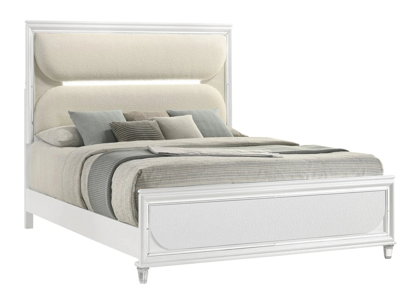 5pcs Eden White Wood & Boucle LED Bedroom Set