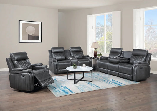 3pcs Ethan Dark Grey Leather Reclining Sofa Set